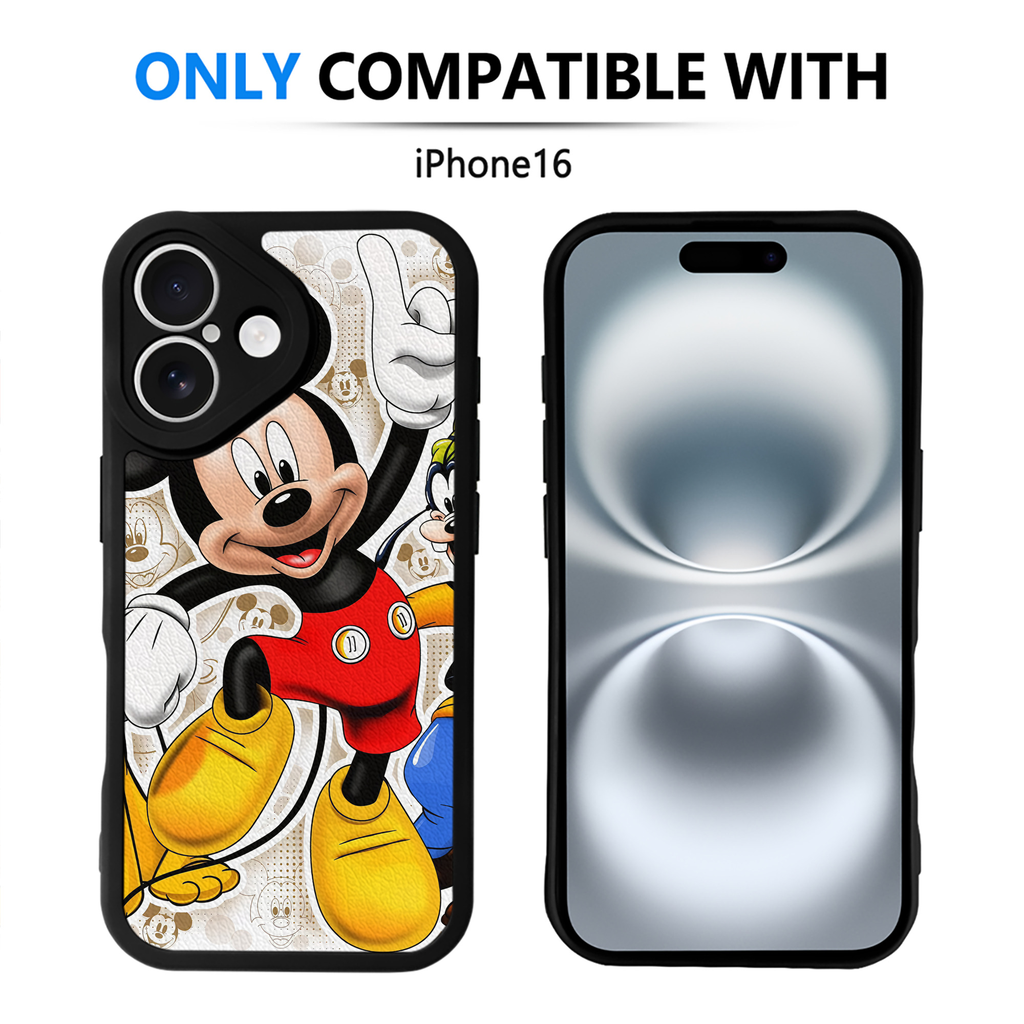 （画像用） ミッキーマウス Mickey Mouse 【iPhone 16シリーズ対応】シリコンスマホケース（レザー調） 材質：シリコン
